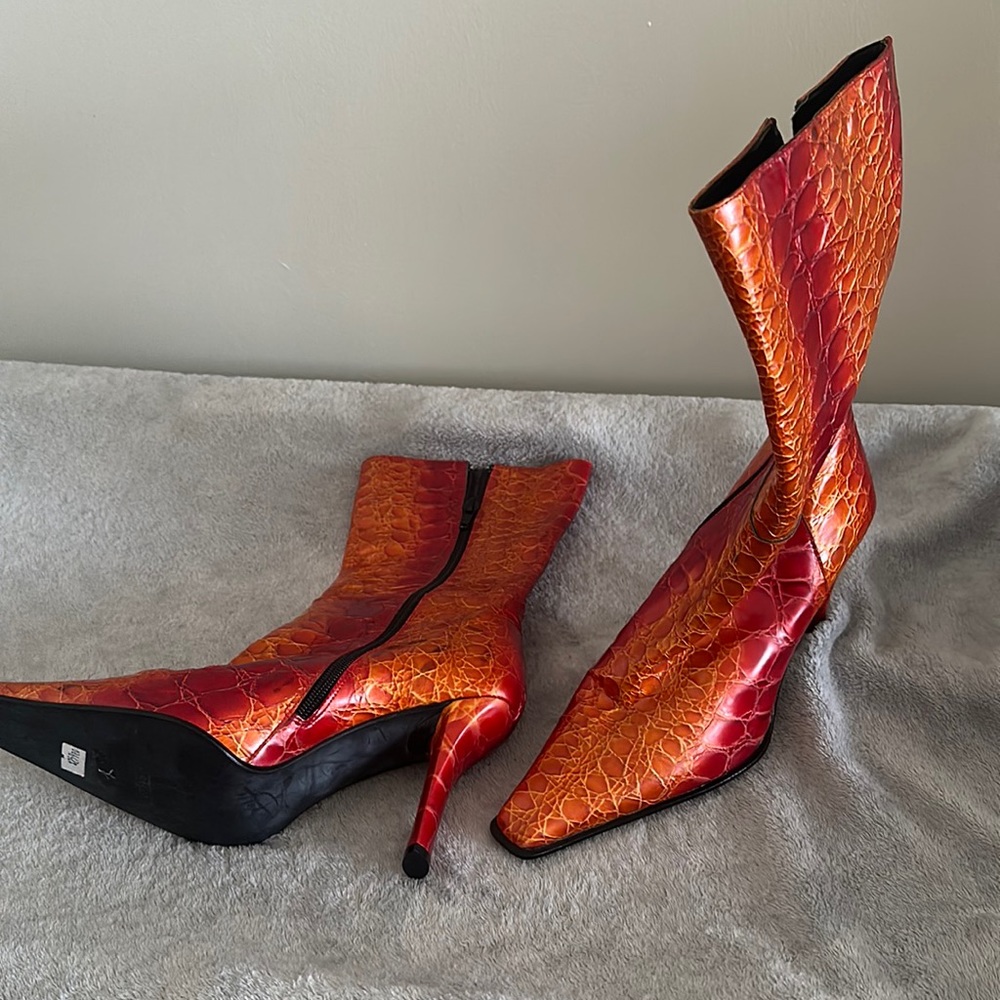 Orange snake skin heeled boot size 9 W